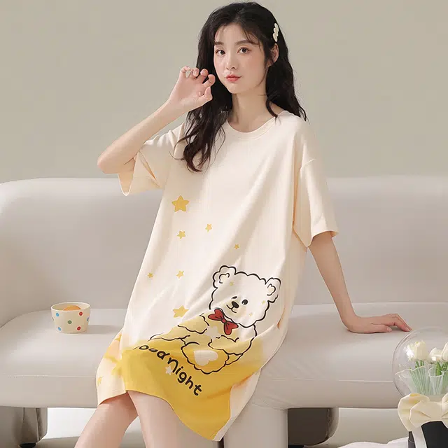 棉基因 小清新可爱休闲卡通薄款舒适柔软清凉短袖家居服可外穿亲肤透气简约百搭韩系学院风夏季睡裙 女款