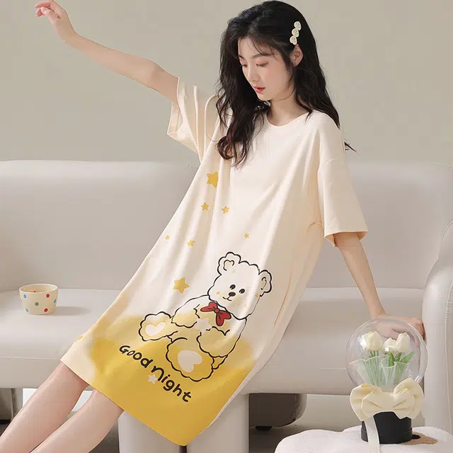 棉基因 小清新可爱休闲卡通薄款舒适柔软清凉短袖家居服可外穿亲肤透气简约百搭韩系学院风夏季睡裙 女款