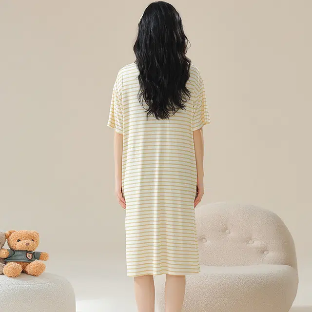 棉基因 圆领简约花边冰丝螺纹卡通印染可居家可外出吸湿排汗透气舒适睡裙 女款