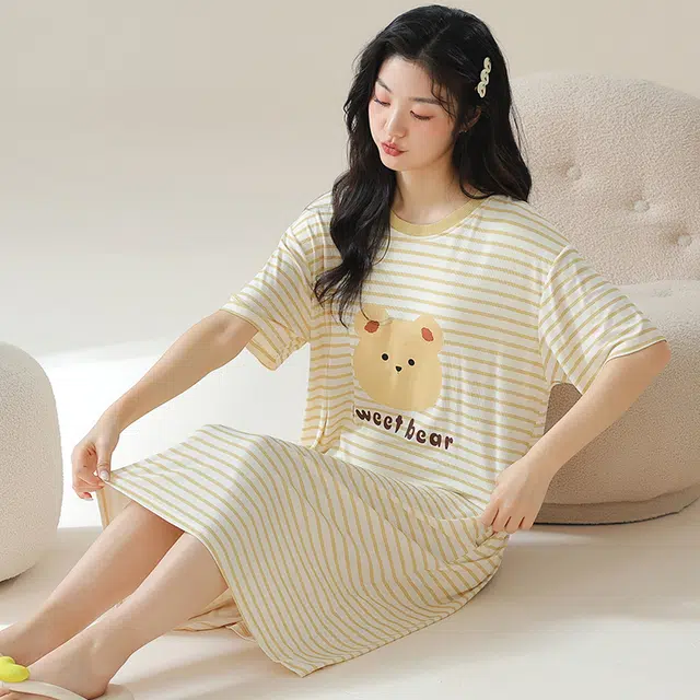 棉基因 圆领简约花边冰丝螺纹卡通印染可居家可外出吸湿排汗透气舒适睡裙 女款