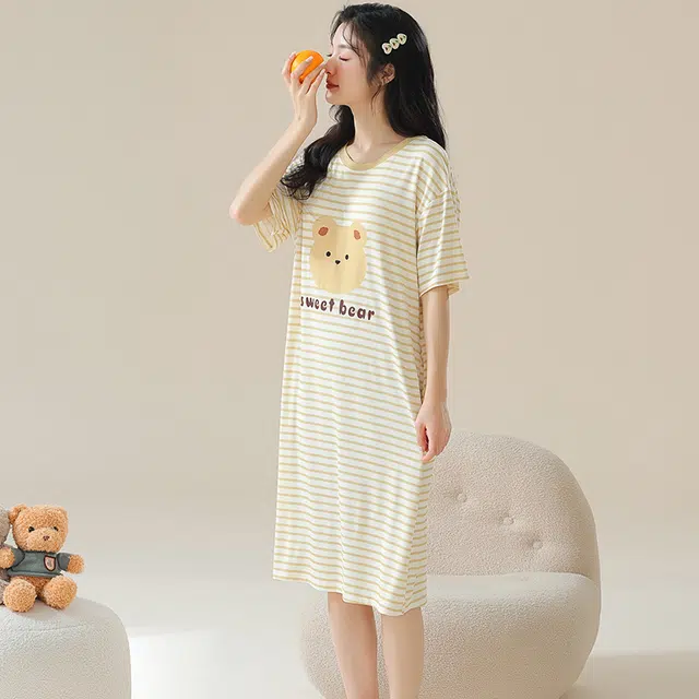 棉基因 圆领简约花边冰丝螺纹卡通印染可居家可外出吸湿排汗透气舒适睡裙 女款