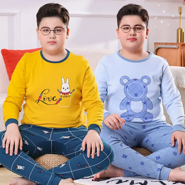 棉基因 胖童大码特制纯棉舒适柔软青少年可爱小熊印花设计保暖套装 男女同款