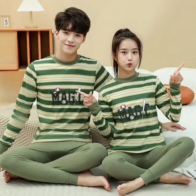 棉基因 舒适中领长袖上衣柔软亲肤长裤保暖套装 男女同款 绿茵梦想