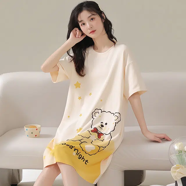棉基因 小清新可爱休闲卡通薄款舒适柔软清凉短袖家居服可外穿亲肤透气简约百搭韩系学院风夏季睡裙 女款