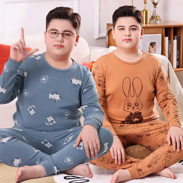 棉基因 胖童大码特制纯棉舒适柔软青少年可爱小熊印花设计保暖套装 男女同款