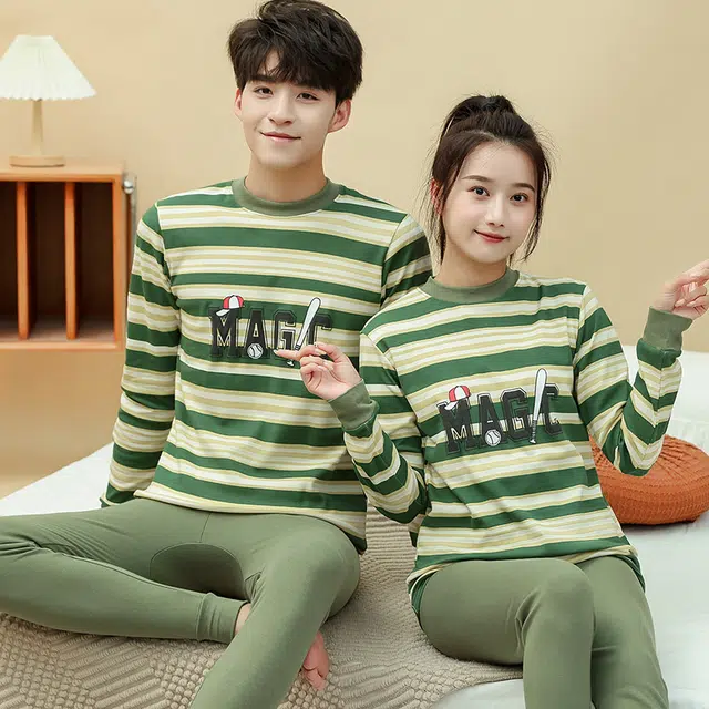 棉基因 舒适中领长袖上衣柔软亲肤长裤保暖套装 男女同款 绿茵梦想