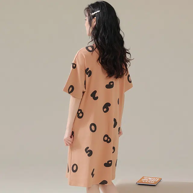 棉基因 亲肤透气休闲短袖小清新可爱家居服可外穿舒适柔软简约百搭韩系学院风夏季睡裙 女款