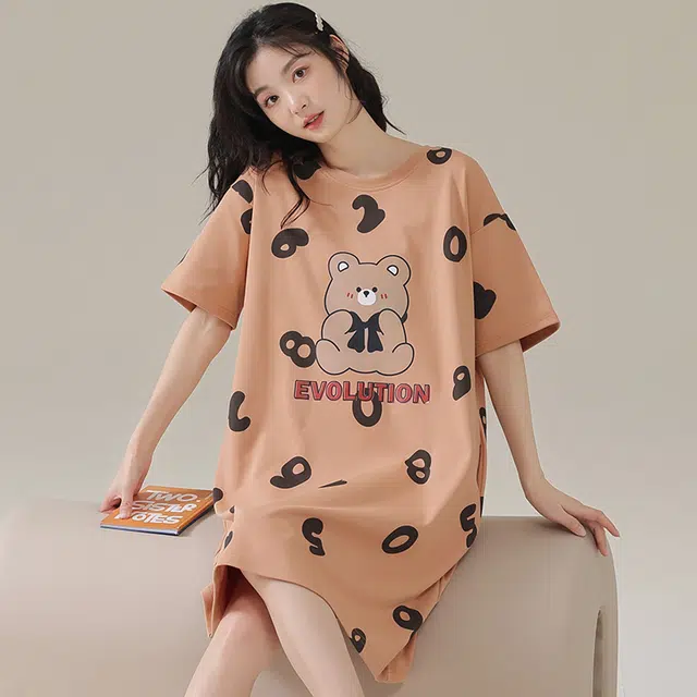 棉基因 亲肤透气休闲短袖小清新可爱家居服可外穿舒适柔软简约百搭韩系学院风夏季睡裙 女款