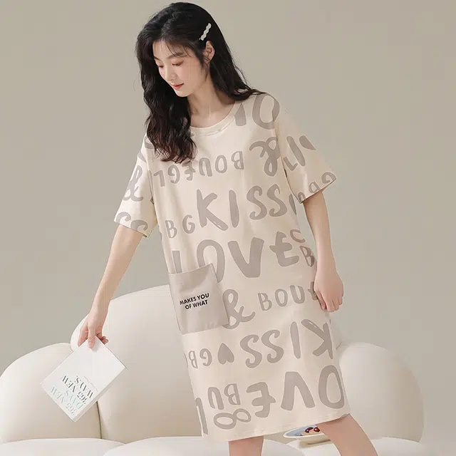 棉基因 韩系学院风休闲短袖小清新可爱家居服可外穿舒适柔软亲肤透气简约百搭夏季睡裙 女款
