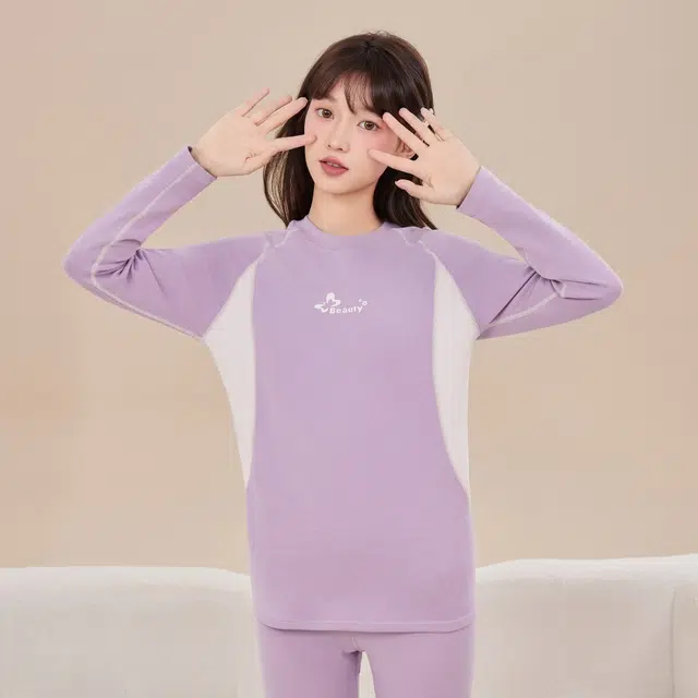 棉基因 少女风科技发热亲肤香蒲绒柔软舒适莫兰迪色系简约运动活力保暖套装 女款