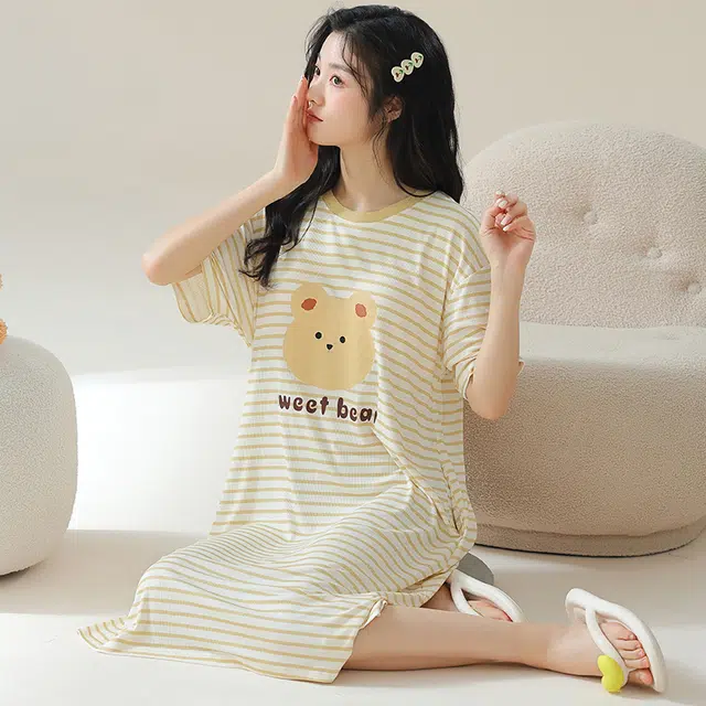 棉基因 圆领简约花边冰丝螺纹卡通印染可居家可外出吸湿排汗透气舒适睡裙 女款