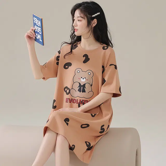 棉基因 亲肤透气休闲短袖小清新可爱家居服可外穿舒适柔软简约百搭韩系学院风夏季睡裙 女款