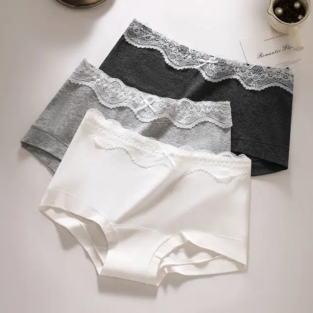 棉基因 蕾丝拼接设计少女风纯棉舒适柔软抗菌服帖加宽加长不勒腿 三条装 平角内裤 女款
