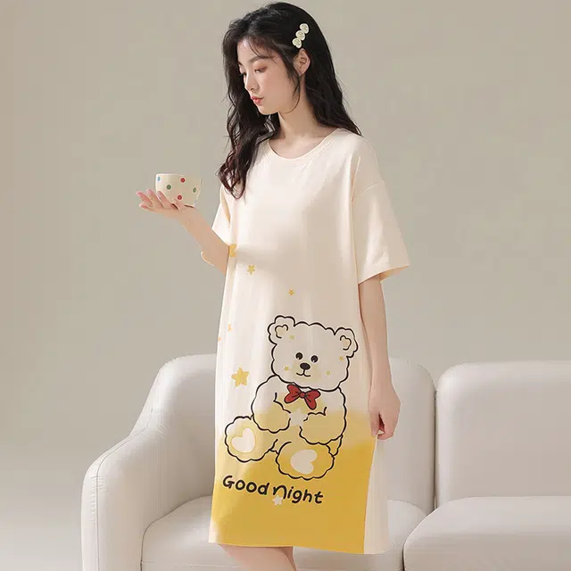 棉基因 小清新可爱休闲卡通薄款舒适柔软清凉短袖家居服可外穿亲肤透气简约百搭韩系学院风夏季睡裙 女款
