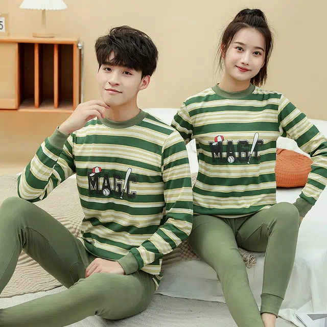 棉基因 舒适中领长袖上衣柔软亲肤长裤保暖套装 男女同款 绿茵梦想