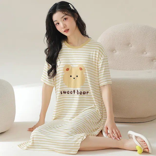 棉基因 圆领简约花边冰丝螺纹卡通印染可居家可外出吸湿排汗透气舒适睡裙 女款