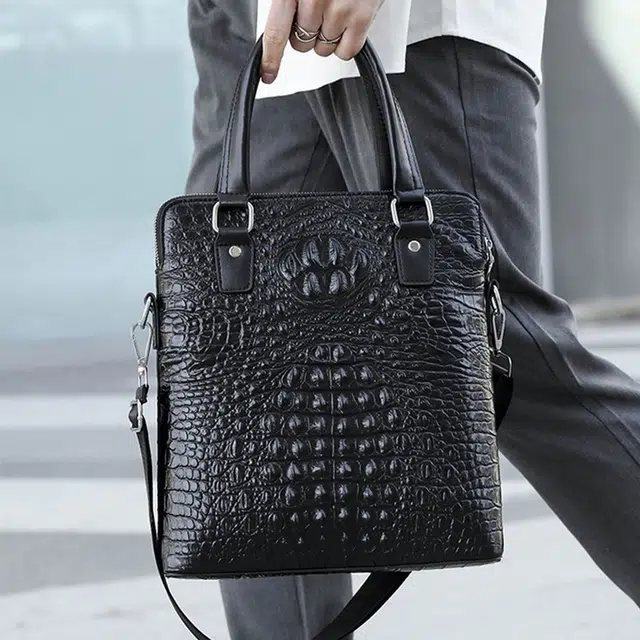 老人头 商务休闲鳄鱼纹高级感百搭通勤手提包单肩斜挎 头层牛皮 公文包 男款 黑色