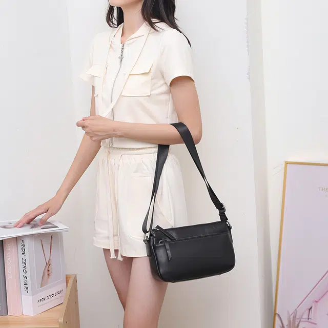 老人头 经典时尚小众设计高颜值简约优雅气质通勤 头层牛皮 单肩斜挎包 女款 黑色