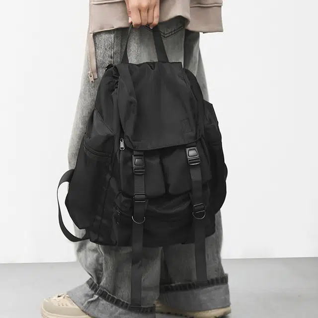 老人头 机能工装时尚百搭大容量 织物 双肩包 男女同款情侣款 黑色