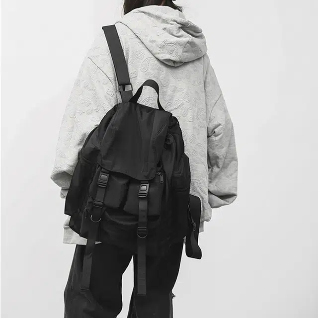 老人头 机能工装时尚百搭大容量 织物 双肩包 男女同款情侣款 黑色