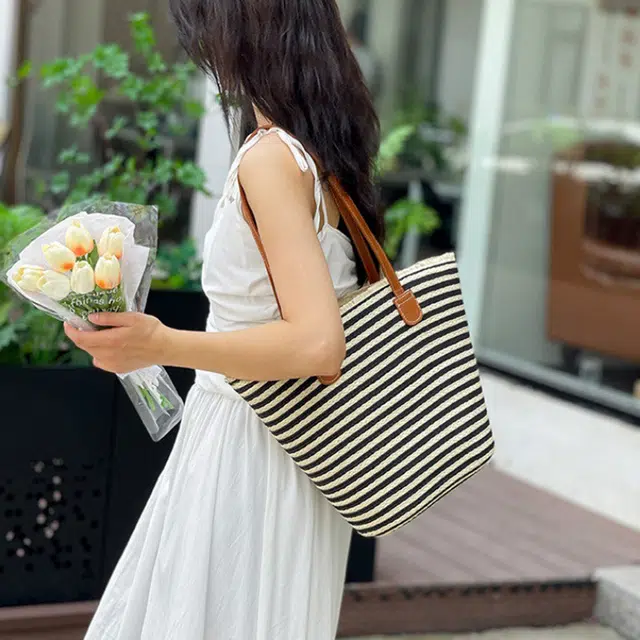 老人头 度假慵懒风时尚休闲百搭编织 织物 单肩包 女款 黑色/米色