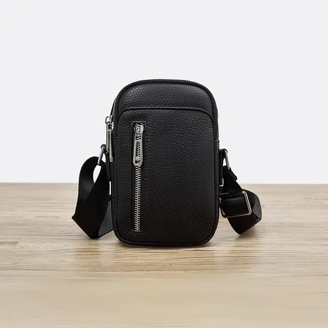 老人头 商务简约休闲轻便实用耐磨防水 头层牛皮 单肩包 男款 黑色