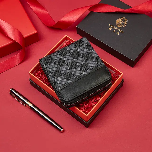 老人头 时尚潮流简约风格商务短款通勤棋盘格设计票夹钱夹 合成革 钱包 男款 黑色