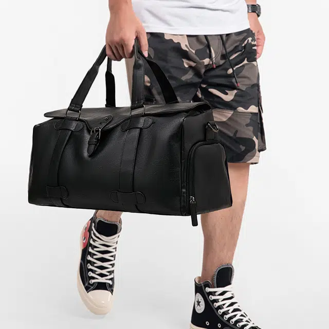 老人头 潮流纯色大容量短途通勤 合成革 旅行包 男款 黑色