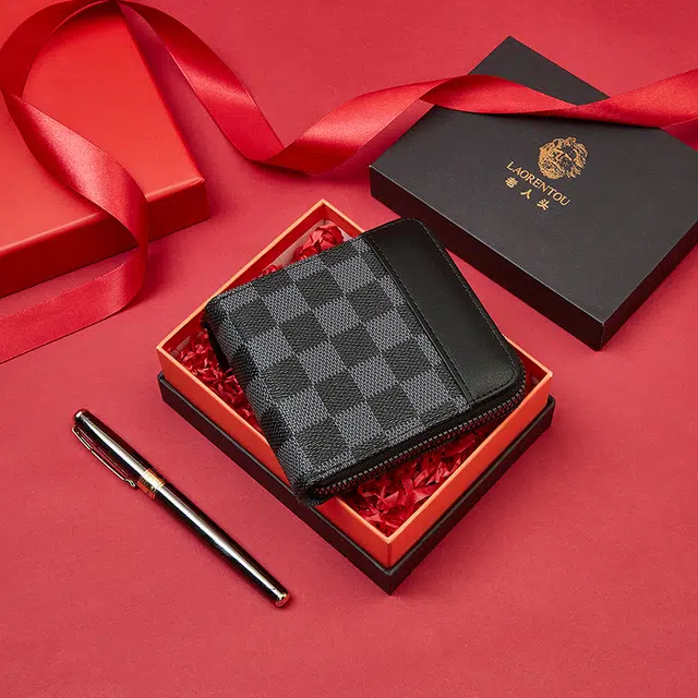 老人头 时尚潮流简约风格商务短款通勤棋盘格设计票夹钱夹 合成革 钱包 男款 黑色