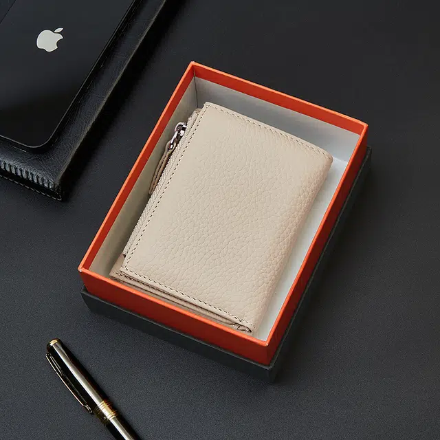 老人头 时尚潮流多功能简约百搭多卡位高级质感钱夹 头层牛皮 钱包 女款 黑色/米白色