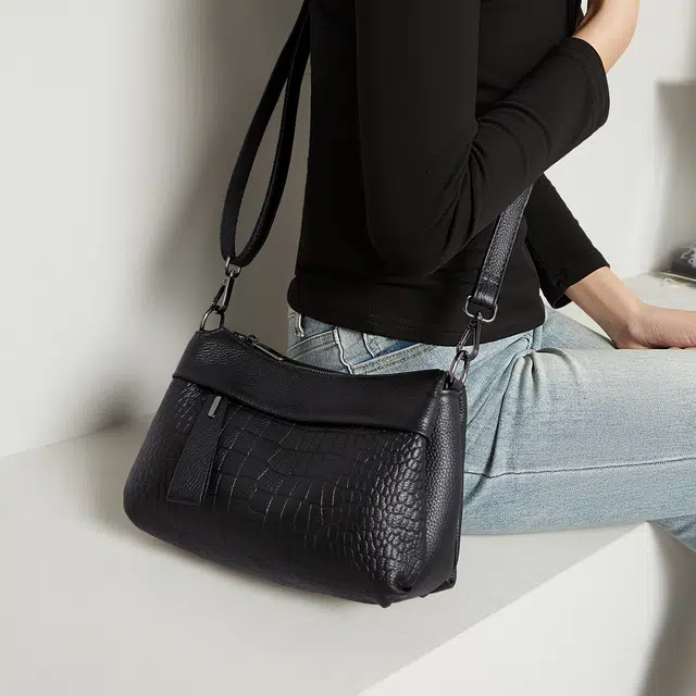 老人头 时尚百搭纯色通勤潮流百搭 牛皮革拼合成革 单肩包 常规 女款 多色