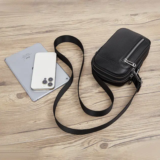 老人头 商务简约休闲轻便实用耐磨防水 头层牛皮 单肩包 男款 黑色