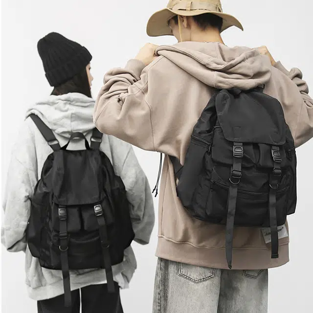 老人头 机能工装时尚百搭大容量 织物 双肩包 男女同款情侣款 黑色