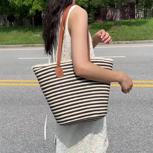 老人头 度假慵懒风时尚休闲百搭编织 织物 单肩包 女款 黑色/米色