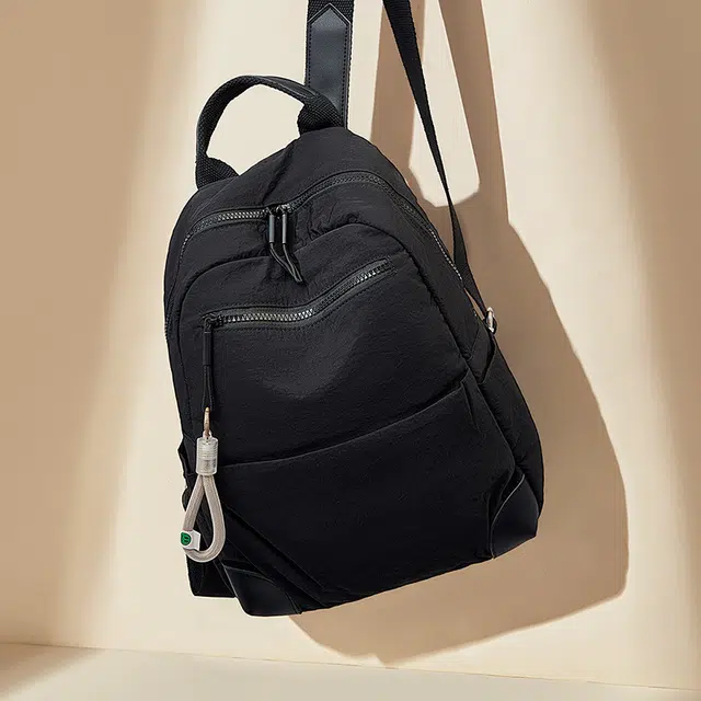 老人头 简约时尚纯色通勤休闲百搭背包大容量高中生大学生 织物 双肩包 男女同款情侣款 黑色/卡其色