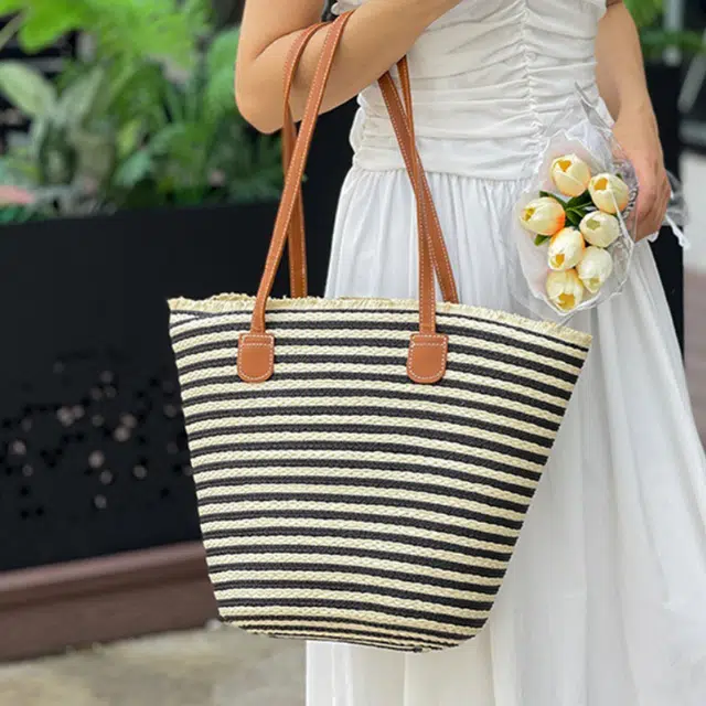 老人头 度假慵懒风时尚休闲百搭编织 织物 单肩包 女款 黑色/米色