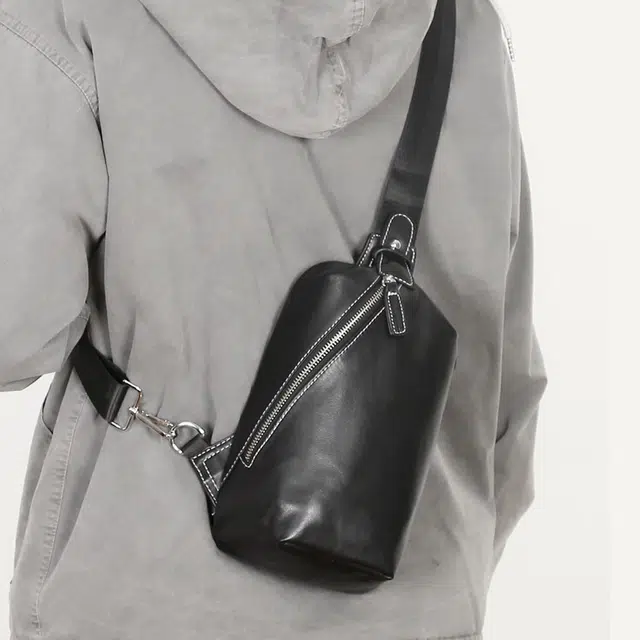 老人头 时尚潮流高级感百搭 牛皮 胸包 男款 黑色