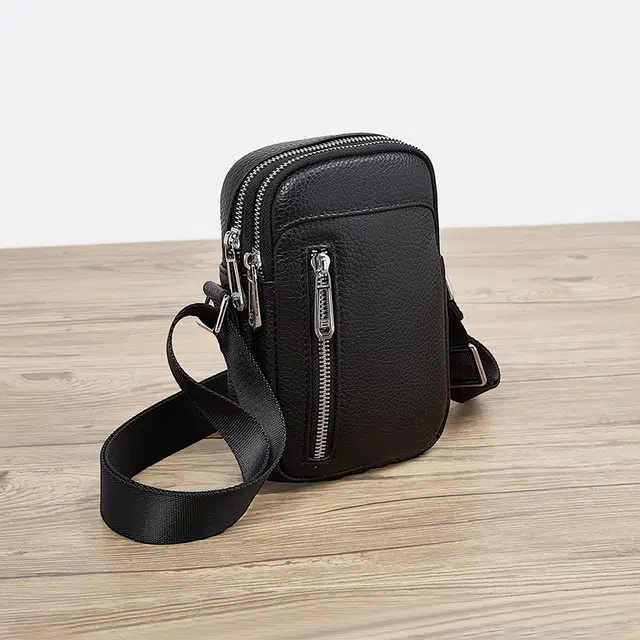 老人头 商务简约休闲轻便实用耐磨防水 头层牛皮 单肩包 男款 黑色