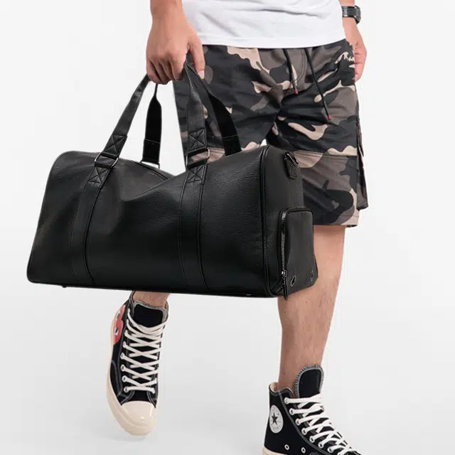 老人头 简约时尚纯色出行旅游干湿分离 合成革 旅行包 男款 黑色