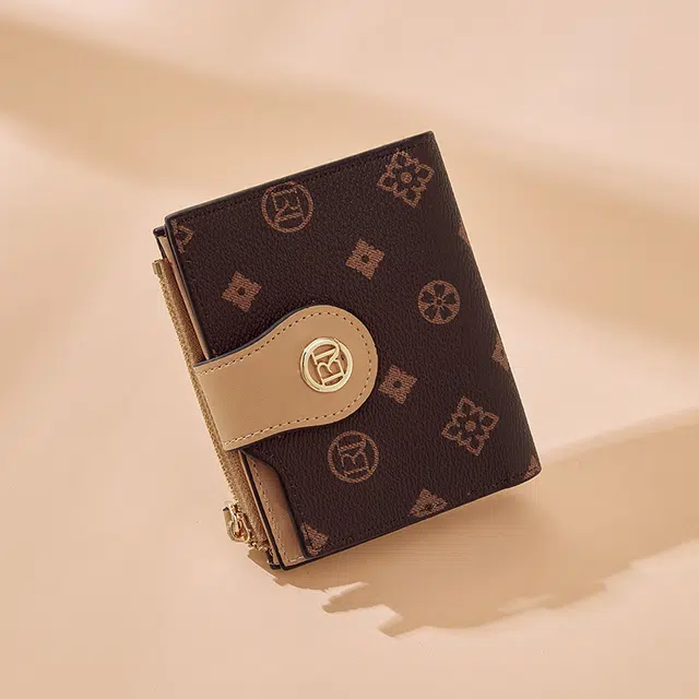 老人头 满印小众设计高级质感通勤优雅老花短款多功能多卡位票夹卡包 合成革 钱包 女款 咖色