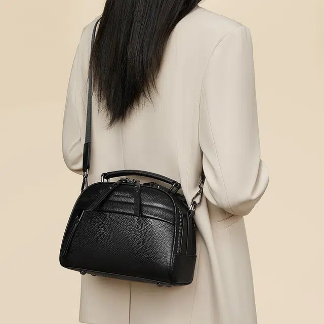 老人头 休闲百搭通勤大容量波士顿妈妈包 头层牛皮 手提包 常规 女款 黑色