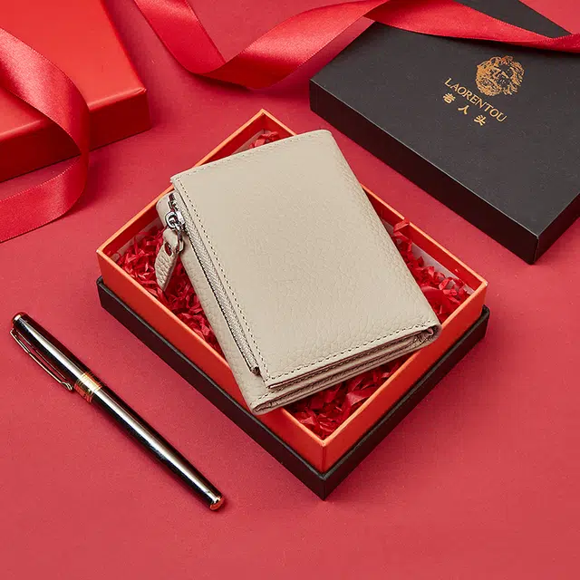 老人头 时尚潮流多功能简约百搭多卡位高级质感钱夹 头层牛皮 钱包 女款 黑色/米白色