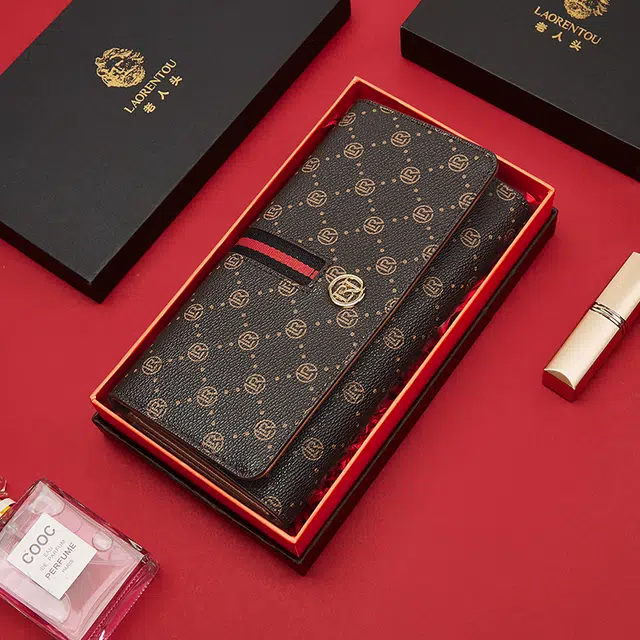 老人头 经典复古老花高级感长款多卡位通勤百搭票夹钱夹 合成革 钱包 男女同款情侣款 咖色