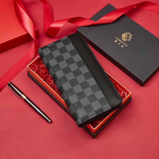 老人头 经典通勤长款棋盘格多功能 合成革 钱包 常规 男款 黑色