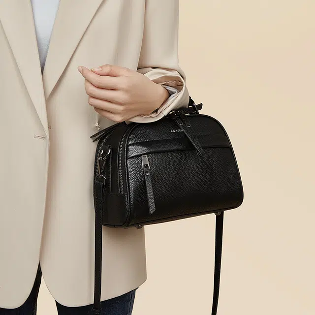 老人头 休闲百搭通勤大容量波士顿妈妈包 头层牛皮 手提包 常规 女款 黑色