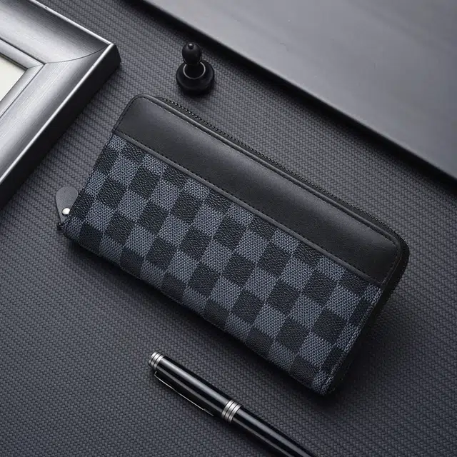 老人头 经典通勤长款棋盘格多功能 合成革 钱包 常规 男款 黑色