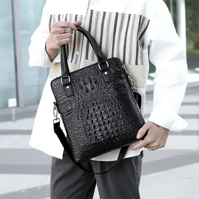 老人头 商务休闲鳄鱼纹高级感百搭通勤手提包单肩斜挎 头层牛皮 公文包 男款 黑色