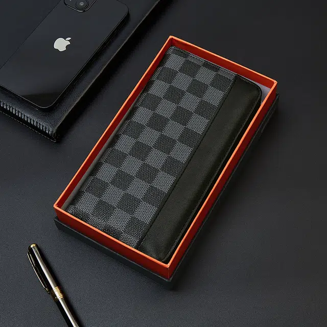 老人头 经典通勤长款棋盘格多功能 合成革 钱包 常规 男款 黑色