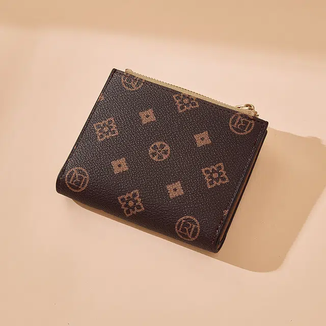 老人头 满印小众设计高级质感通勤优雅老花短款多功能多卡位票夹卡包 合成革 钱包 女款 咖色