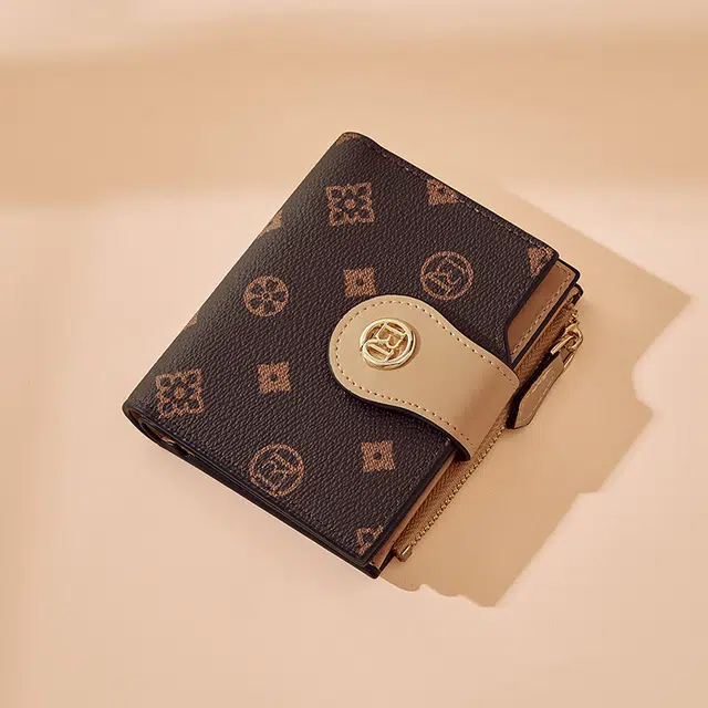 老人头 满印小众设计高级质感通勤优雅老花短款多功能多卡位票夹卡包 合成革 钱包 女款 咖色